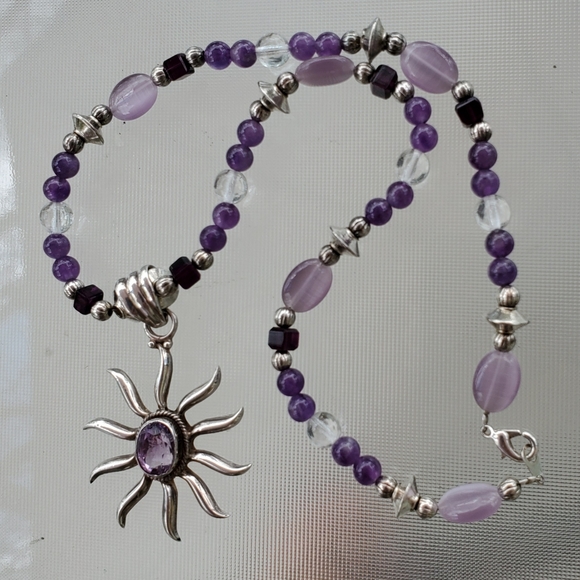 925 Sterling Amethyst Sun Pendant on Beaded Chain - Picture 1 of 7